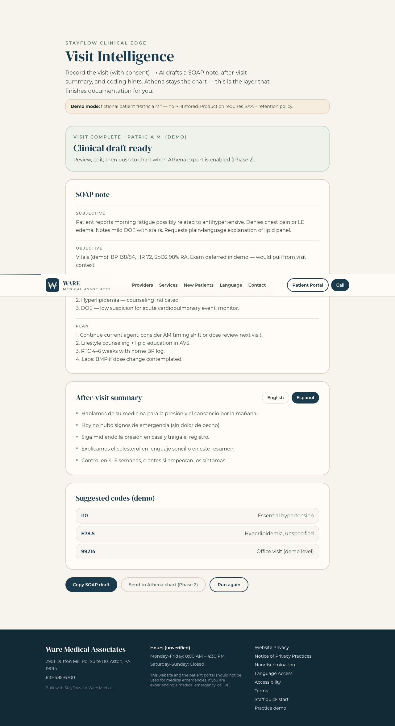 Visit Intelligence SOAP note, AVS in Spanish, and coding hints
